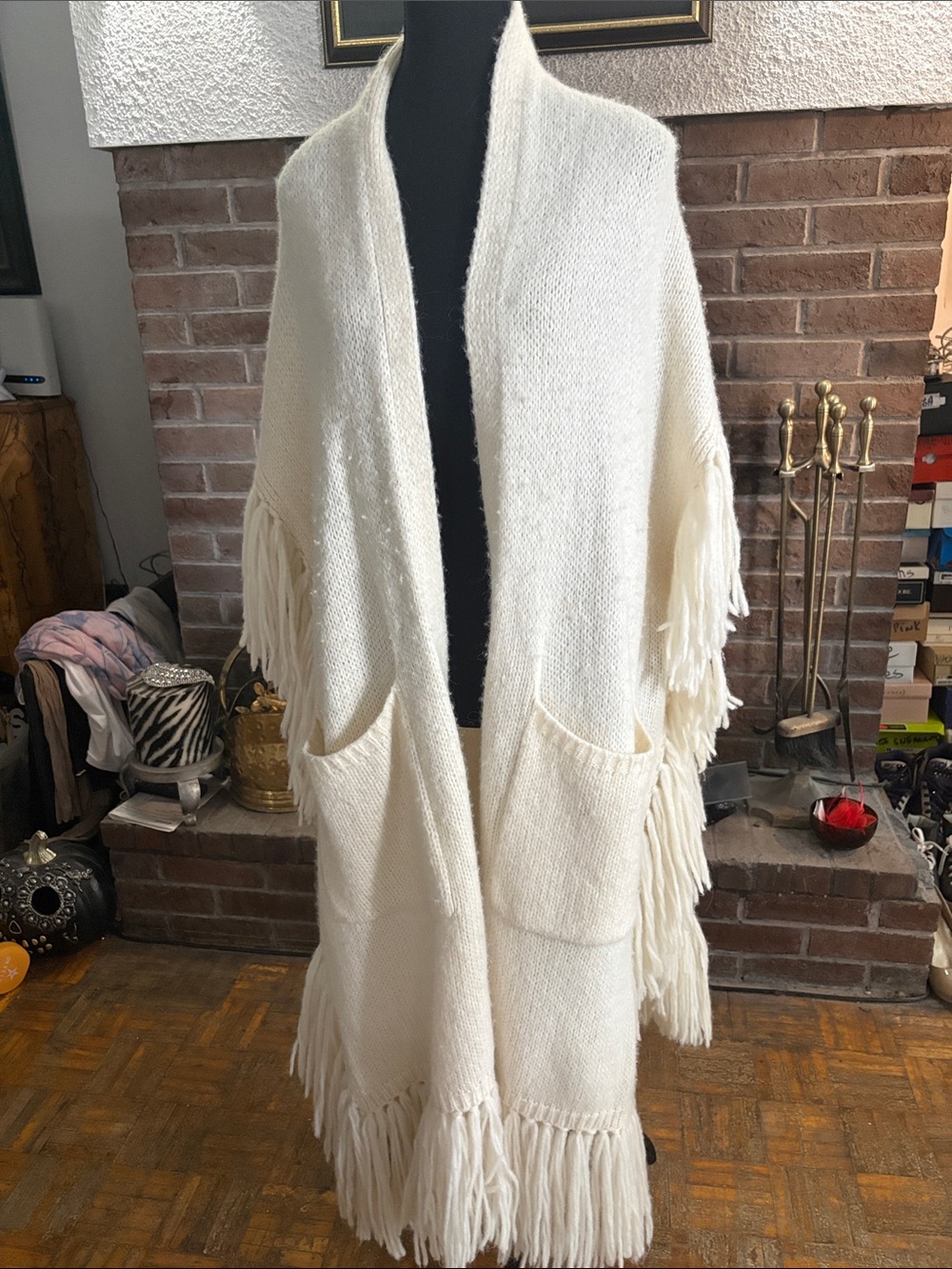 Polo by Ralph Lauren Cream Fringed Open-Front Knit Cardigan